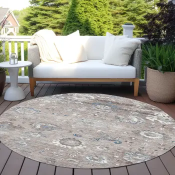 8' Taupe And Brown Round Floral Washable Indoor Outdoor Area Rug