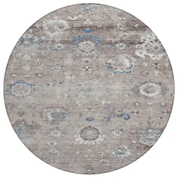 8' Taupe And Brown Round Floral Washable Indoor Outdoor Area Rug