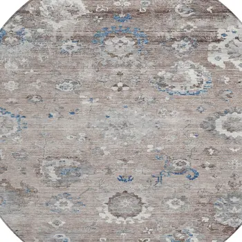 8' Taupe And Brown Round Floral Washable Indoor Outdoor Area Rug
