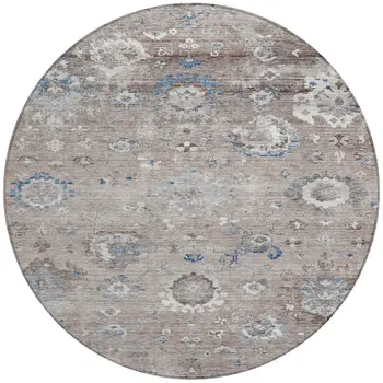 8' Taupe And Brown Round Floral Washable Indoor Outdoor Area Rug