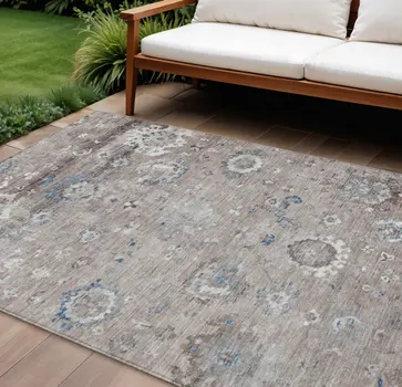 10' X 14' Taupe And Brown Floral Washable Indoor Outdoor Area Rug