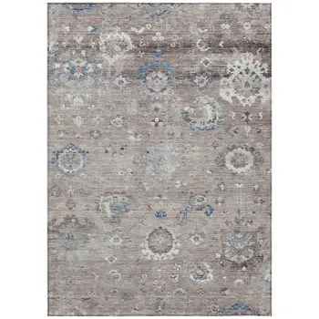 10' X 14' Taupe And Brown Floral Washable Indoor Outdoor Area Rug