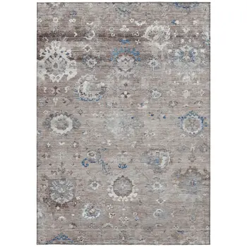 10' X 14' Taupe And Brown Floral Washable Indoor Outdoor Area Rug