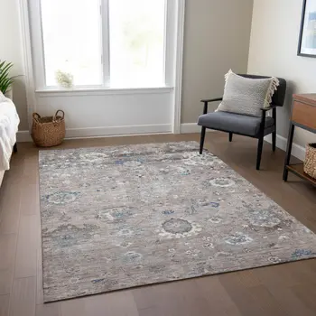 10' X 14' Taupe And Brown Floral Washable Indoor Outdoor Area Rug