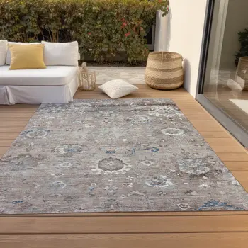 10' X 14' Taupe And Brown Floral Washable Indoor Outdoor Area Rug