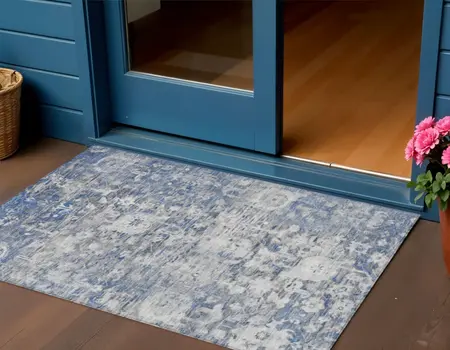 3' X 5' Blue And Denim Blue Floral Washable Indoor Outdoor Area Rug