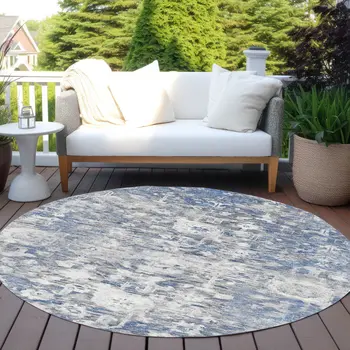 8' Blue And Denim Blue Round Floral Washable Indoor Outdoor Area Rug