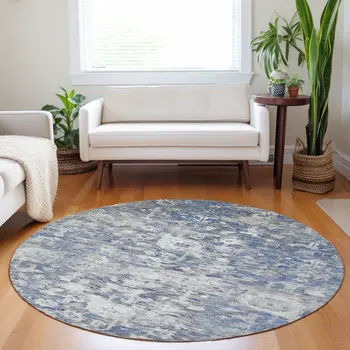 8' Blue And Denim Blue Round Floral Washable Indoor Outdoor Area Rug