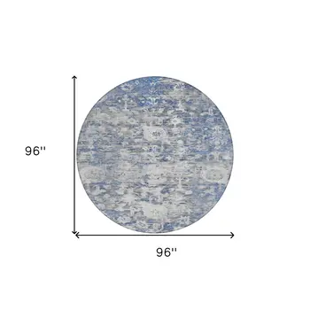 8' Blue And Denim Blue Round Floral Washable Indoor Outdoor Area Rug