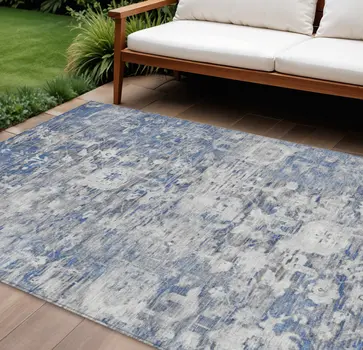 8' X 10' Blue And Denim Blue Floral Washable Indoor Outdoor Area Rug