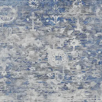 9' X 12' Blue And Denim Blue Floral Washable Indoor Outdoor Area Rug