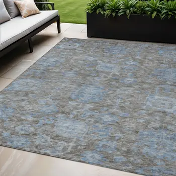5' X 8' Gray And Silver Floral Washable Indoor Outdoor Area Rug