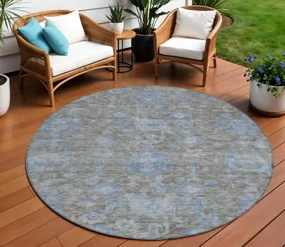 8' Gray And Silver Round Floral Washable Indoor Outdoor Area Rug