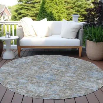 8' Gray And Silver Round Floral Washable Indoor Outdoor Area Rug
