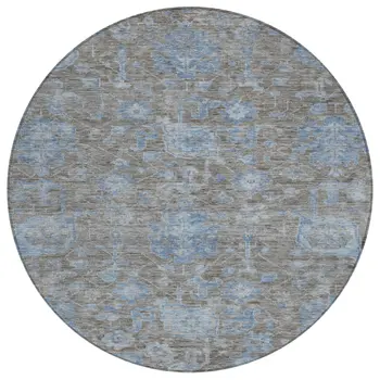 8' Gray And Silver Round Floral Washable Indoor Outdoor Area Rug