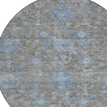 8' Gray And Silver Round Floral Washable Indoor Outdoor Area Rug