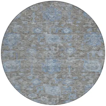 8' Gray And Silver Round Floral Washable Indoor Outdoor Area Rug