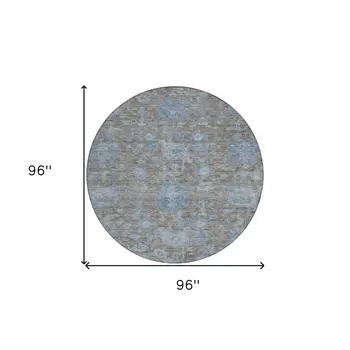 8' Gray And Silver Round Floral Washable Indoor Outdoor Area Rug