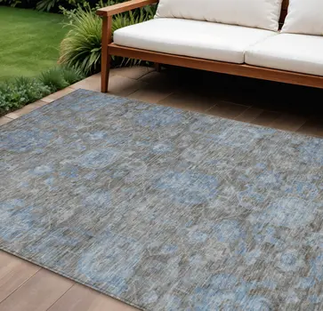 9' X 12' Gray And Silver Floral Washable Indoor Outdoor Area Rug