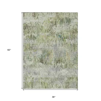 3' X 5' Artichoke Green And Fern Green Striped Washable Indoor Outdoor Area Rug