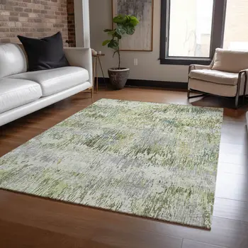 3' X 5' Artichoke Green And Fern Green Striped Washable Indoor Outdoor Area Rug