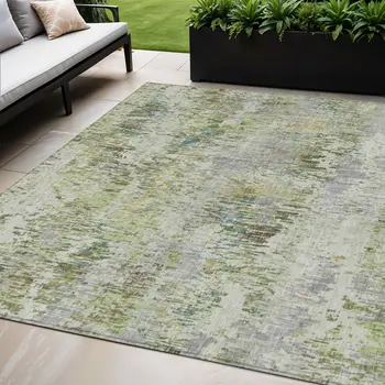 5' X 8' Artichoke Green And Fern Green Striped Washable Indoor Outdoor Area Rug