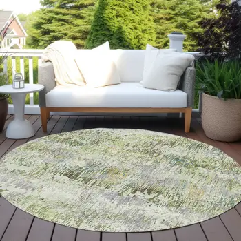 8' Artichoke Green And Fern Green Round Striped Washable Indoor Outdoor Area Rug