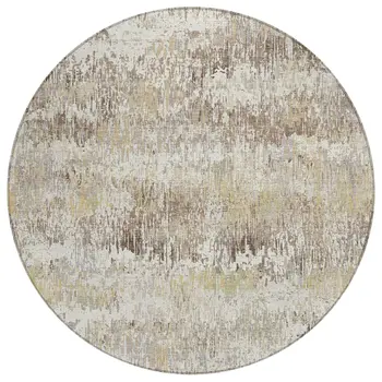 8' Ivory And Taupe Round Striped Washable Indoor Outdoor Area Rug