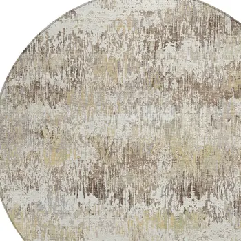 8' Ivory And Taupe Round Striped Washable Indoor Outdoor Area Rug
