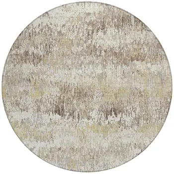 8' Ivory And Taupe Round Striped Washable Indoor Outdoor Area Rug