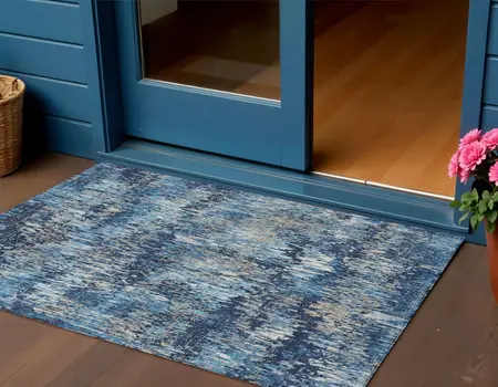 3' X 5' Navy Blue And Denim Blue Striped Washable Indoor Outdoor Area Rug