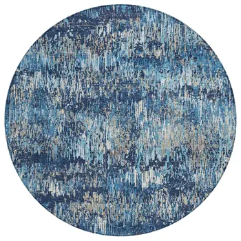 8' Navy Blue And Denim Blue Round Striped Washable Indoor Outdoor Area Rug