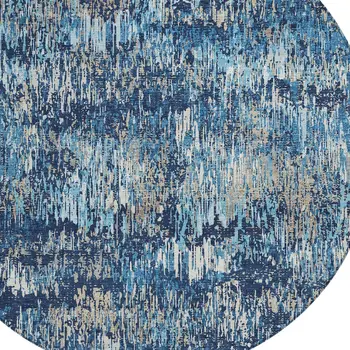 8' Navy Blue And Denim Blue Round Striped Washable Indoor Outdoor Area Rug