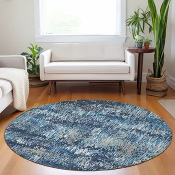 8' Navy Blue And Denim Blue Round Striped Washable Indoor Outdoor Area Rug