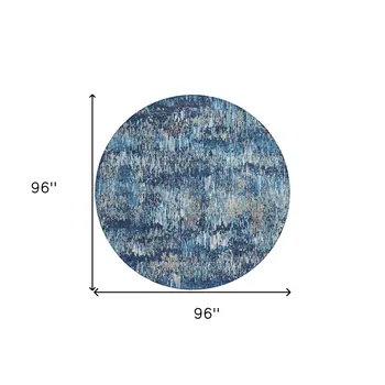 8' Navy Blue And Denim Blue Round Striped Washable Indoor Outdoor Area Rug
