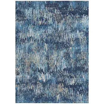 9' X 12' Navy Blue And Denim Blue Striped Washable Indoor Outdoor Area Rug