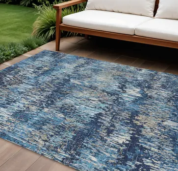 9' X 12' Navy Blue And Denim Blue Striped Washable Indoor Outdoor Area Rug