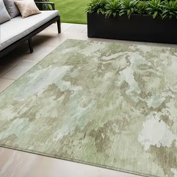 5' X 8' Artichoke Green And Fern Green Abstract Washable Indoor Outdoor Area Rug