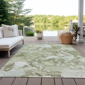9' X 12' Artichoke Green And Fern Green Abstract Washable Indoor Outdoor Area Rug