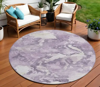 8' Lavender And Lilac Round Abstract Washable Indoor Outdoor Area Rug