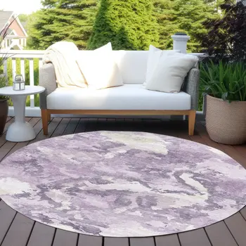 8' Lavender And Lilac Round Abstract Washable Indoor Outdoor Area Rug