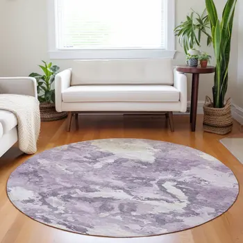 8' Lavender And Lilac Round Abstract Washable Indoor Outdoor Area Rug