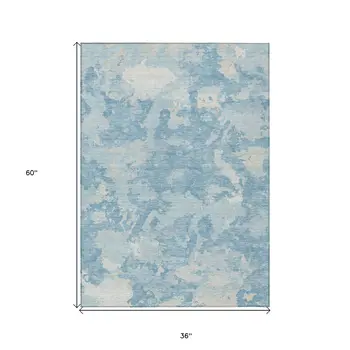 3' X 5' Sky Blue And Denim Blue Abstract Washable Indoor Outdoor Area Rug
