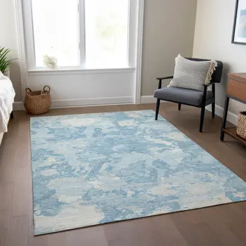 3' X 5' Sky Blue And Denim Blue Abstract Washable Indoor Outdoor Area Rug
