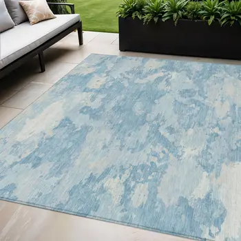 5' X 8' Sky Blue And Denim Blue Abstract Washable Indoor Outdoor Area Rug