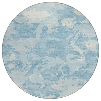 8' Sky Blue And Denim Blue Round Abstract Washable Indoor Outdoor Area Rug