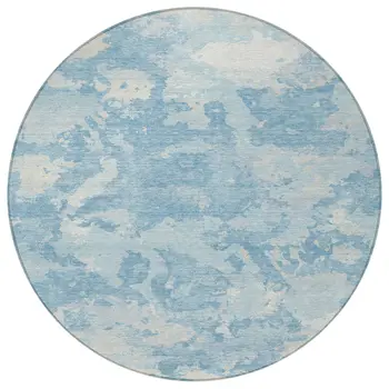 8' Sky Blue And Denim Blue Round Abstract Washable Indoor Outdoor Area Rug