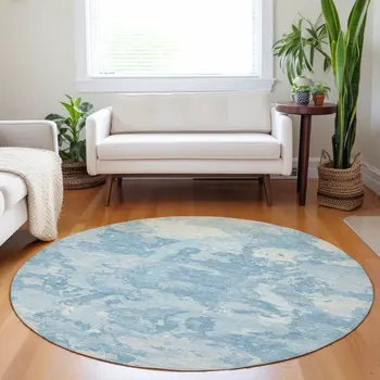 8' Sky Blue And Denim Blue Round Abstract Washable Indoor Outdoor Area Rug