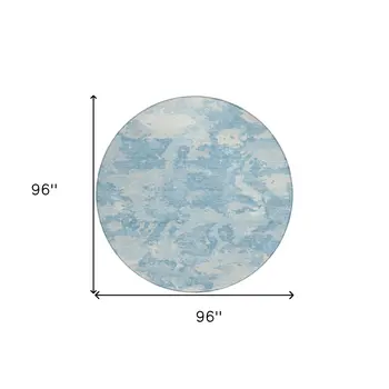 8' Sky Blue And Denim Blue Round Abstract Washable Indoor Outdoor Area Rug
