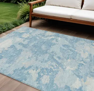 10' X 14' Sky Blue And Denim Blue Abstract Washable Indoor Outdoor Area Rug